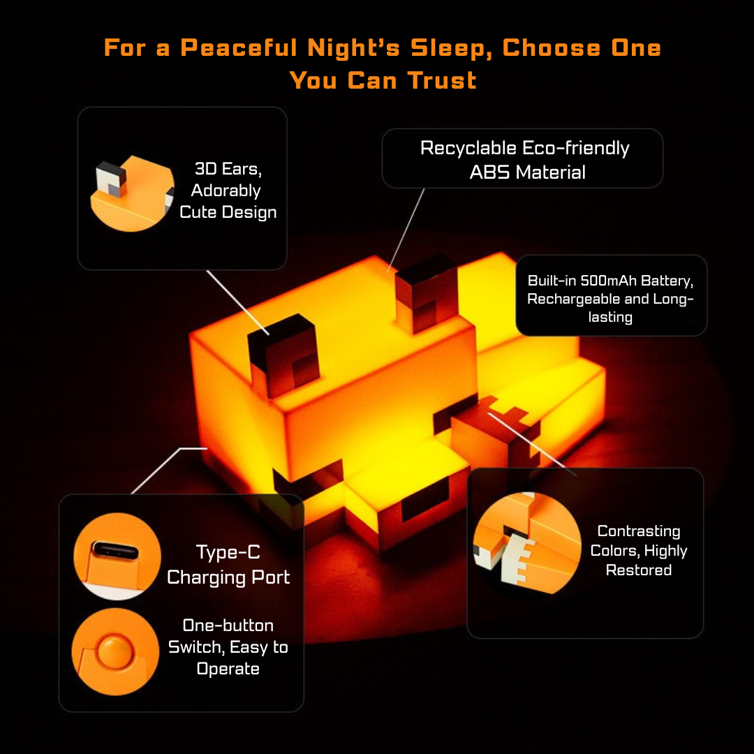 Pixel Fox Night Light – Type-C Rechargeable LED Bedside Ambient Lamp
